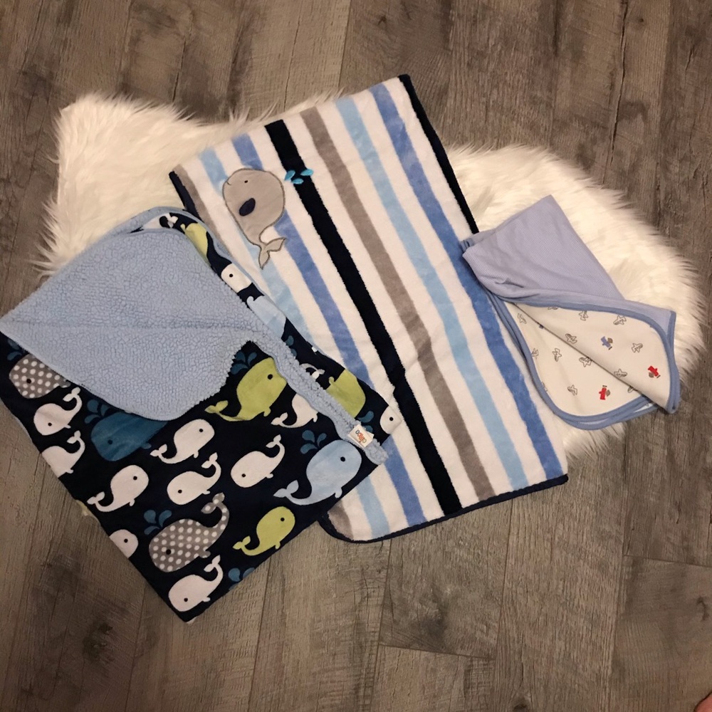 Bundle of baby boy blankets whales airplanes